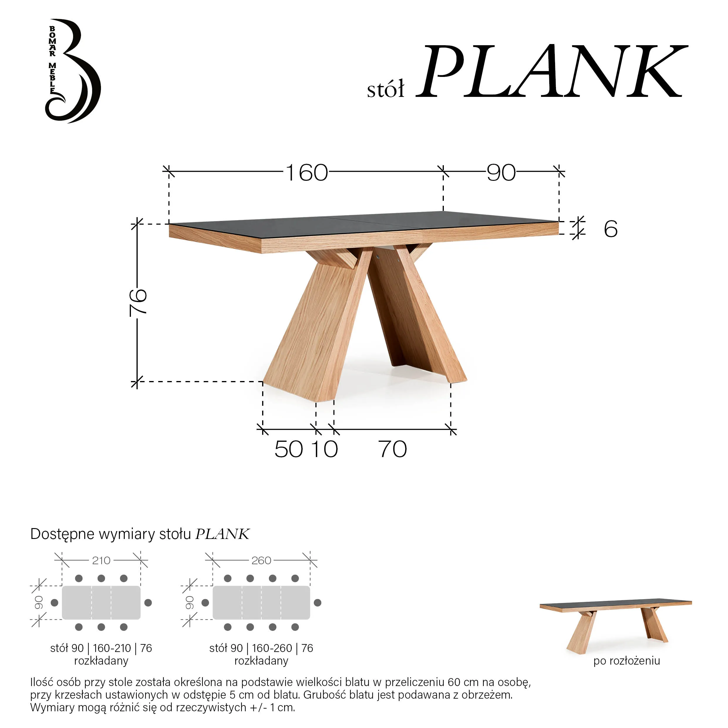 Stół Plank 160x90(210) Bomar rozkładany