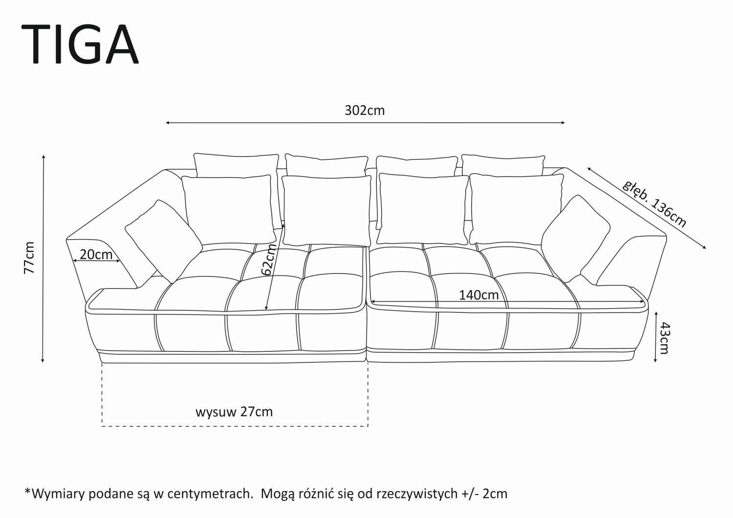 Tiga Bigsofa sofa z elektrycznie wysuwanymi siedziskami Wersal