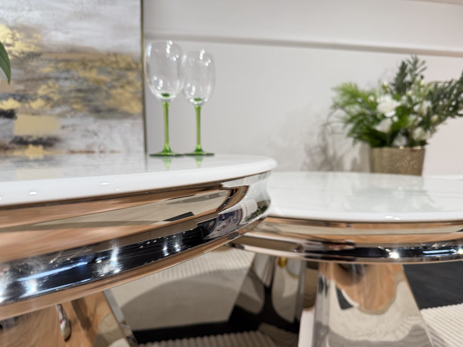 Stolik kawowy Glamour T963 okrągły 80cm, blat spiek kwarcowy, Silver, Srebrny - Chromowany