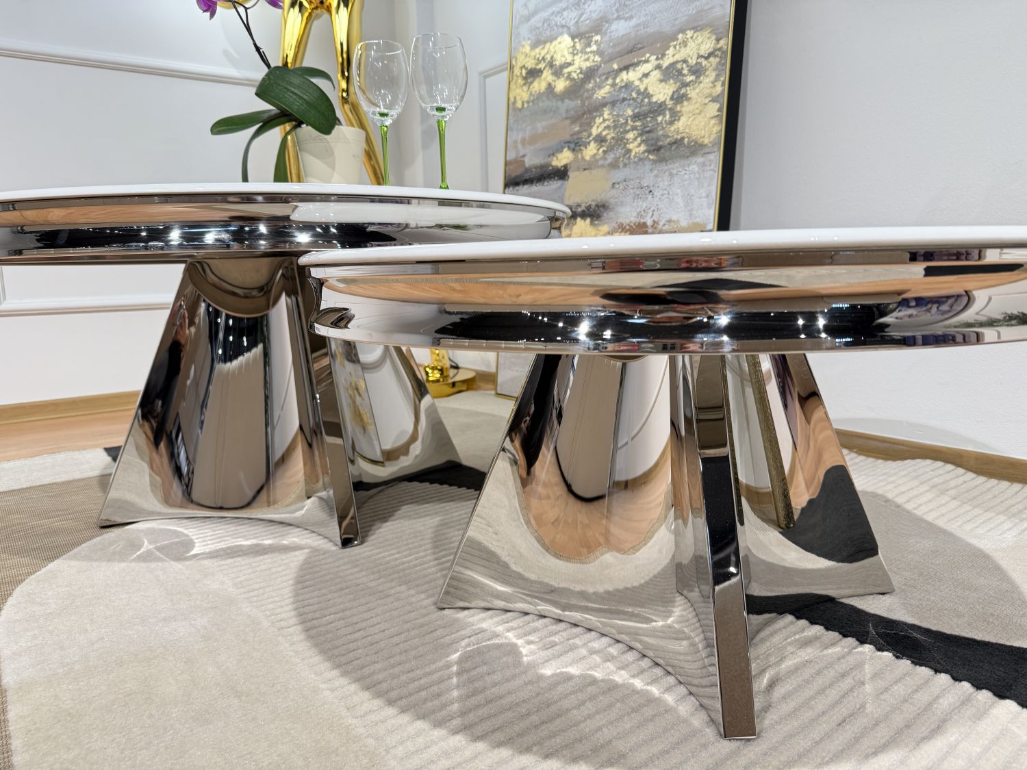 Stolik kawowy Glamour T963 okrągły 80cm, blat spiek kwarcowy, Silver, Srebrny - Chromowany