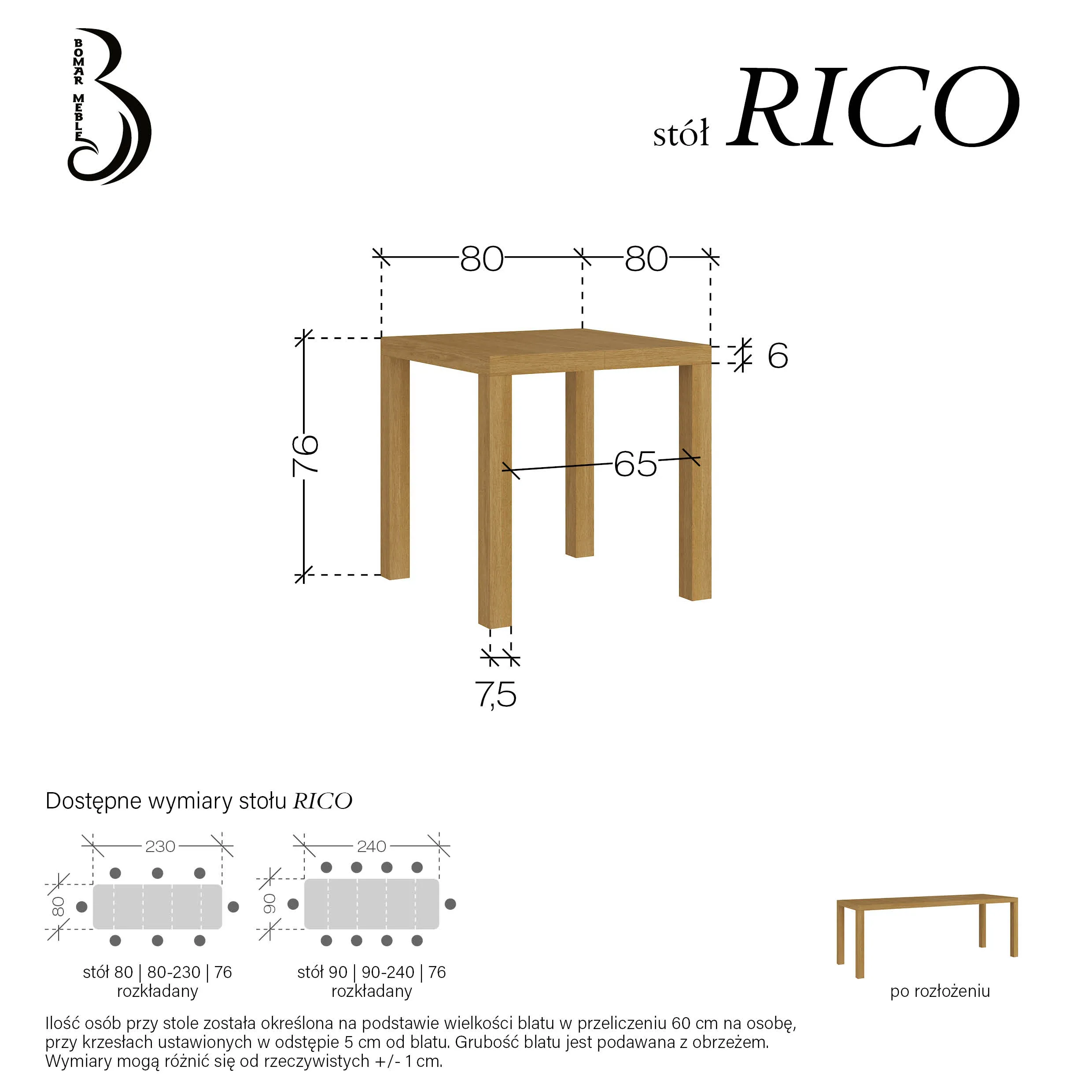Stół kwadratowy Rico rozkładany 80x80(230) Bomar