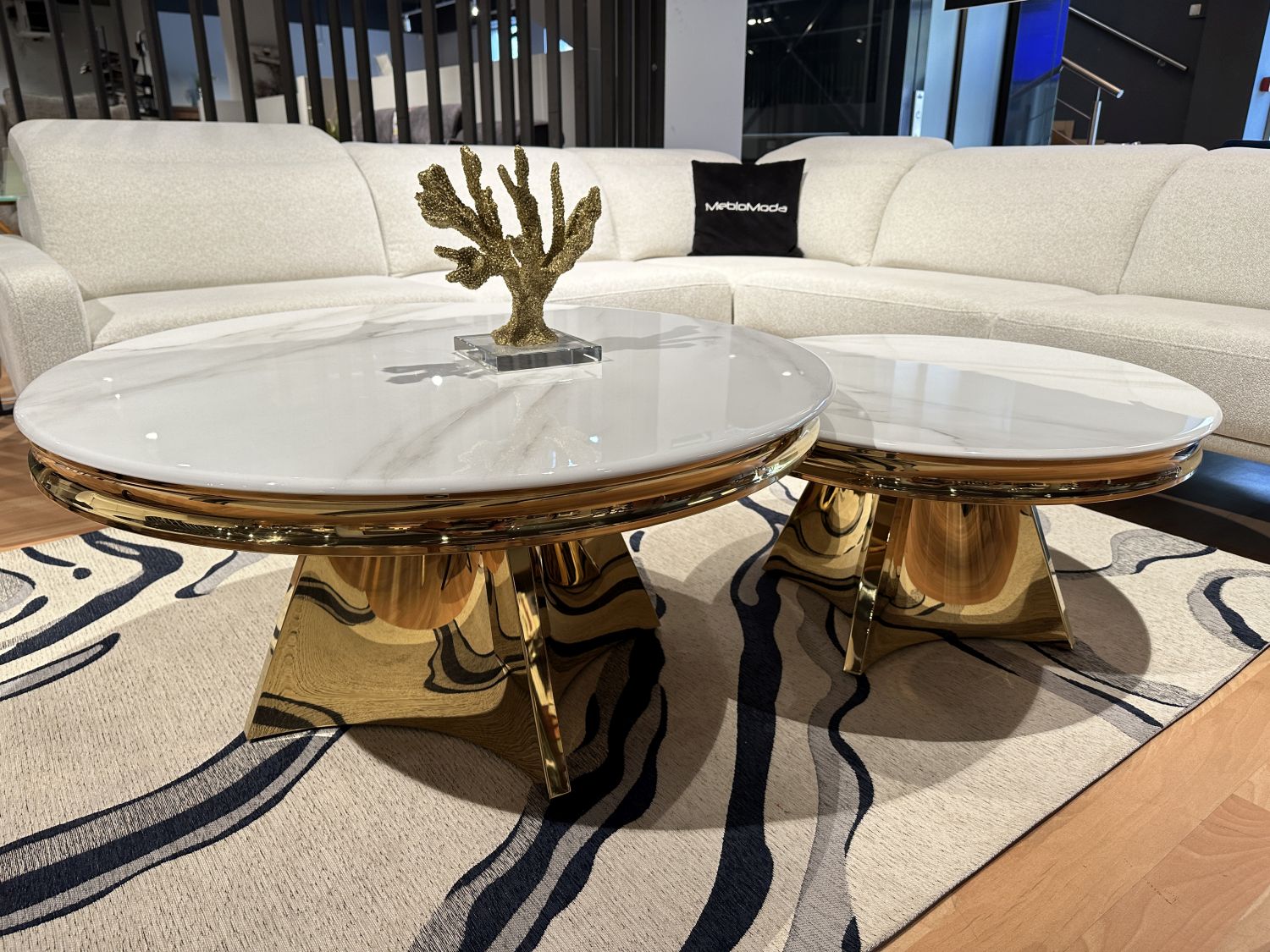 Stolik kawowy Glamour T963 okrągły 100cm, blat spiek kwarcowy, Gold -Złoty