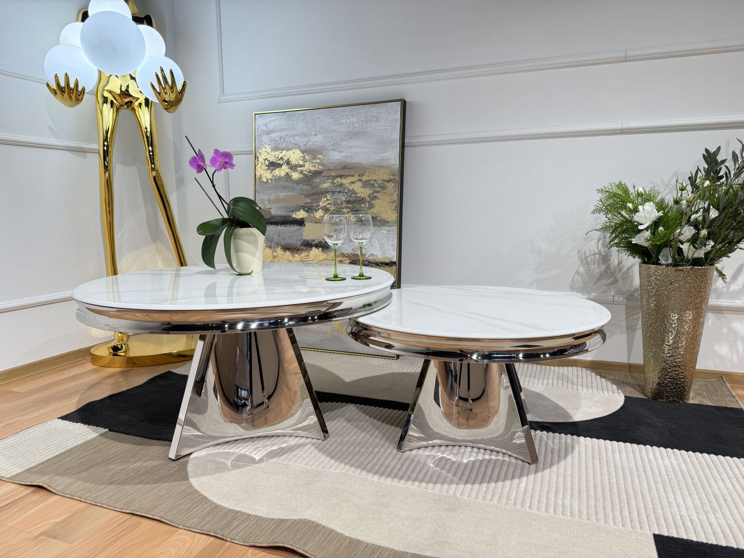 Stolik kawowy Glamour T963 okrągły 100cm, blat spiek kwarcowy, Silver, Srebrny - Chromowany