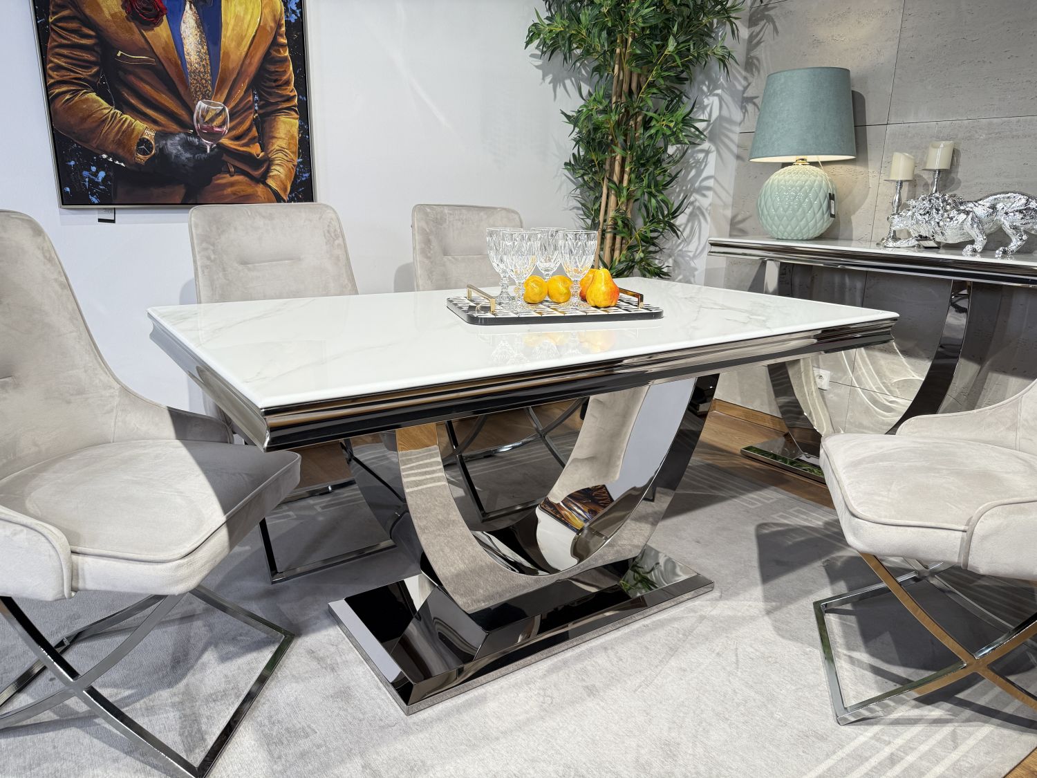 Stół Glamour T945 podstawa chrom, blat biały kwarc 