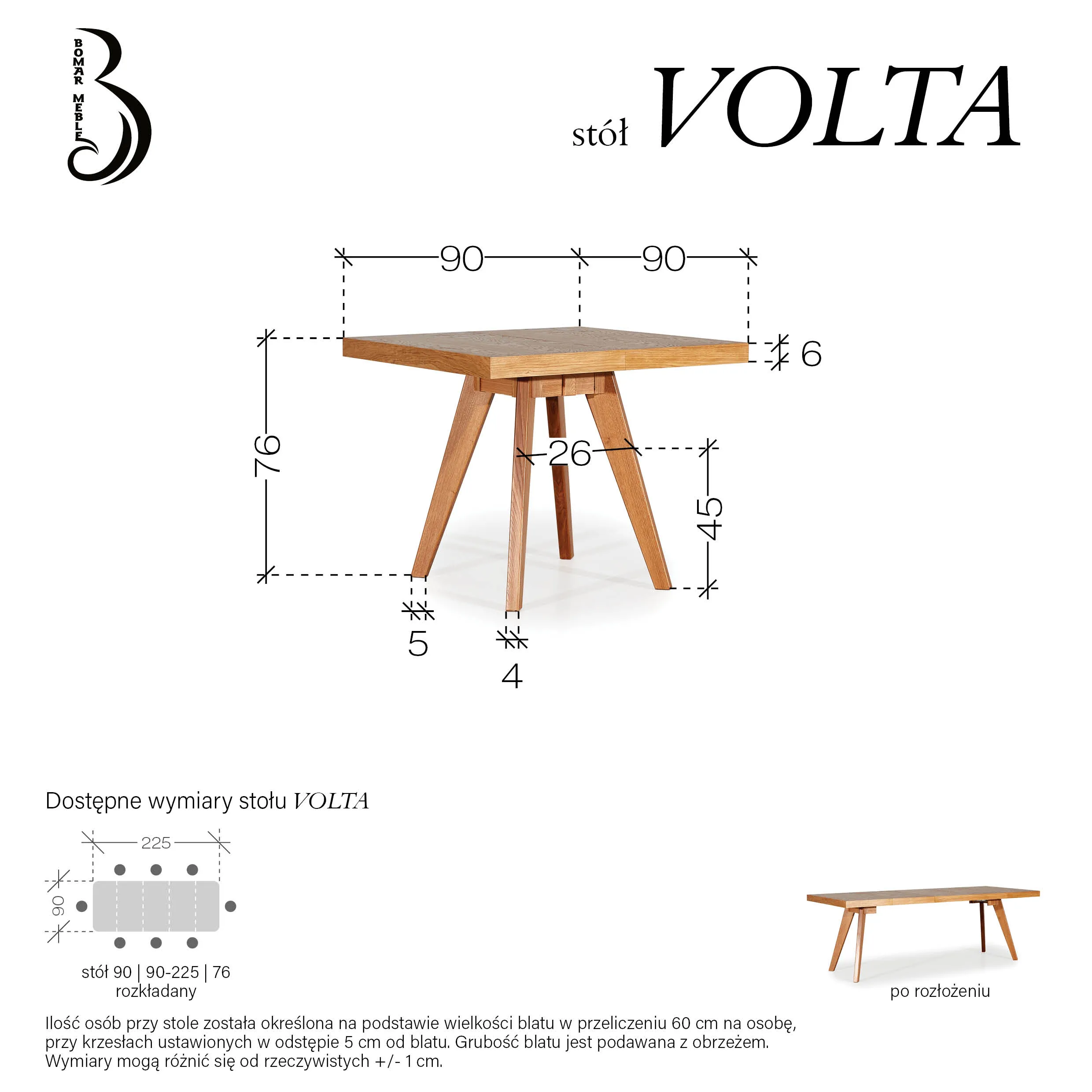 Stół kwadratowy rozkładany Volta Bomar Meble  90x90(225)
