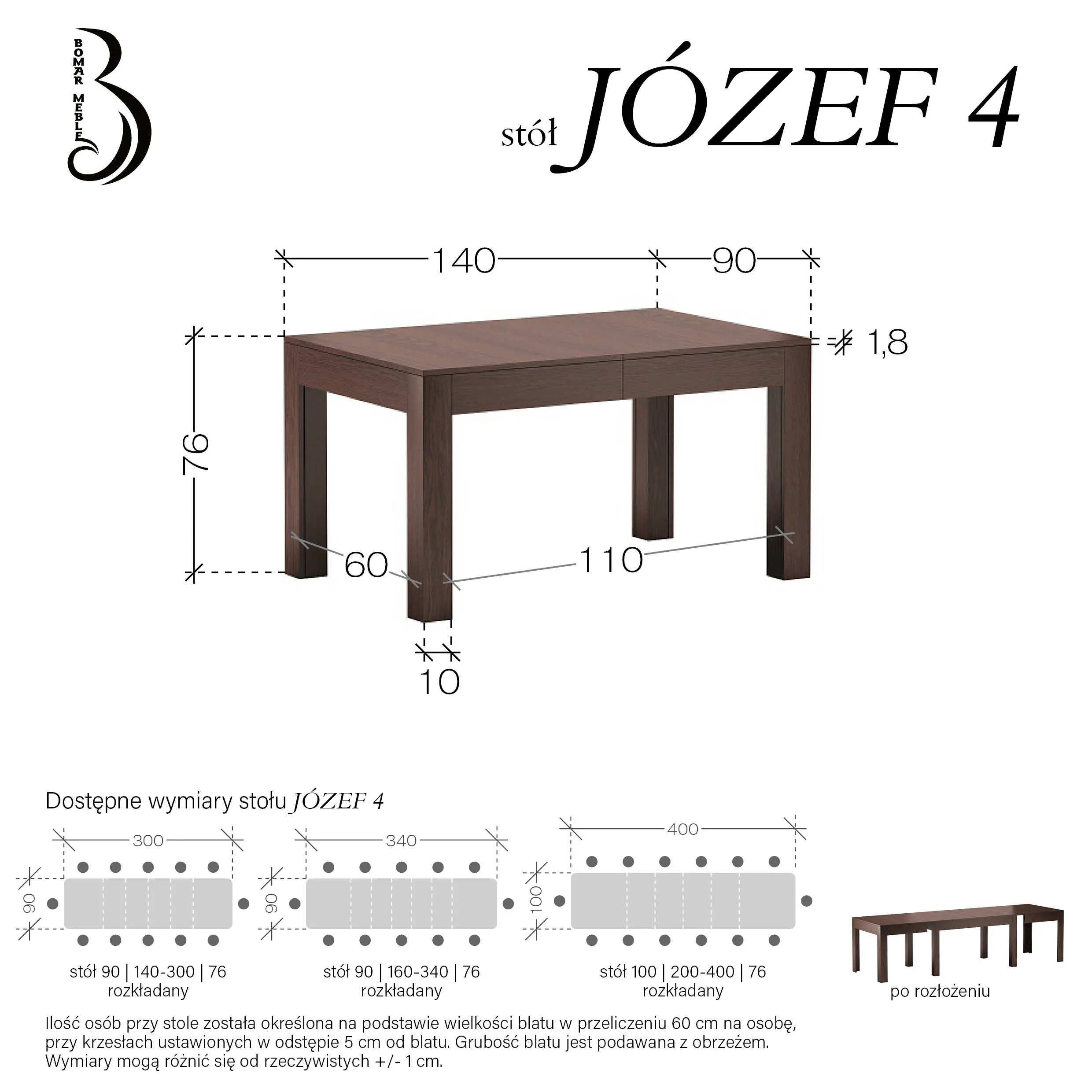 Stół rozkładany Józef 4 140x90 (+4x40) Bomar