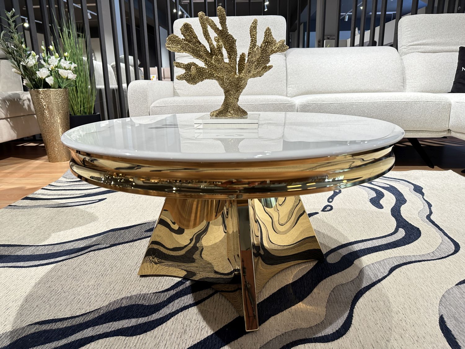 Stolik kawowy Glamour T963 okrągły 100cm, blat spiek kwarcowy, Gold -Złoty