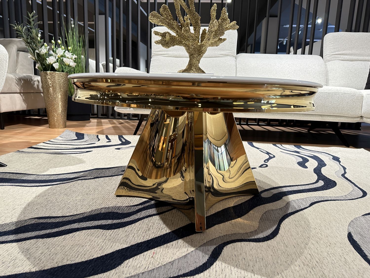 Stolik kawowy Glamour T963 okrągły 100cm, blat spiek kwarcowy, Gold -Złoty