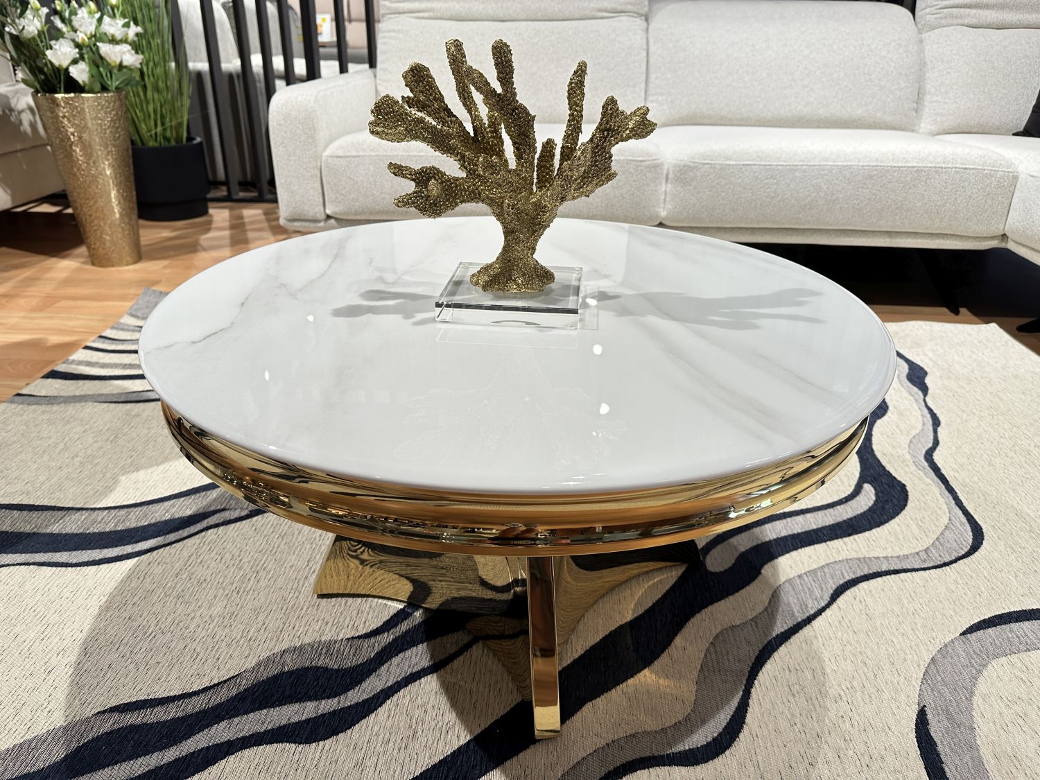 Stolik kawowy Glamour T963 okrągły 100cm, blat spiek kwarcowy, Gold -Złoty