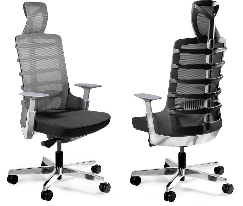 SPINELLY Ergonomiczny fotel biurowy z innowacyjnym oparciem czarny z zagłówkiem