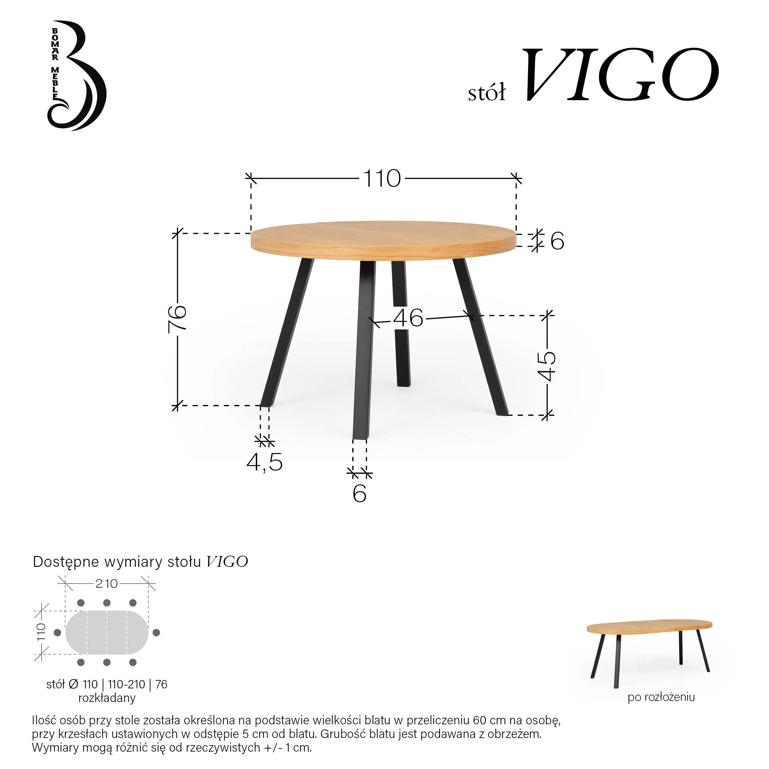 Stół okrągły Vigo Bomar średnica 110cm po rozłożeniu 210cm 